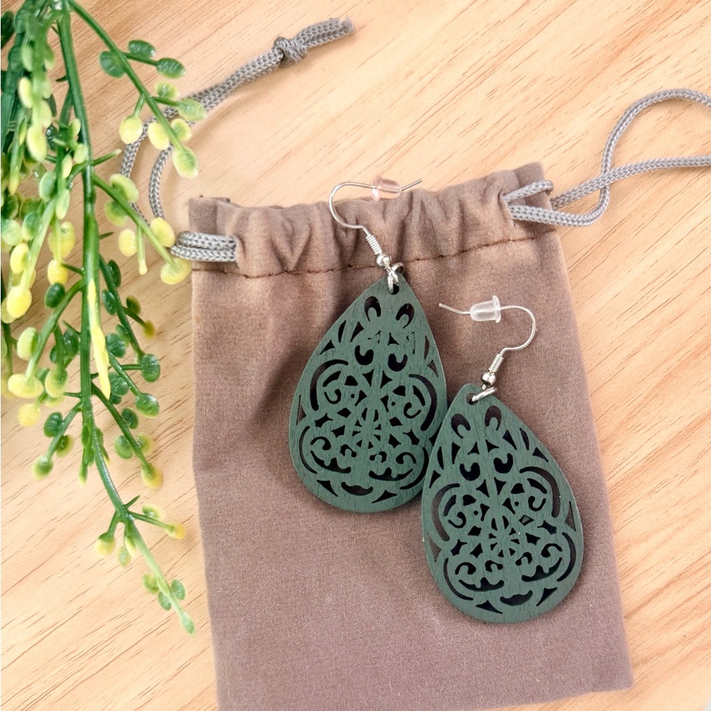 Green Teardrop Filigree Wooden Earrings